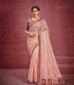 Heavy Peach Saree In Patterned Jacquard Organza c With Stripe Printed