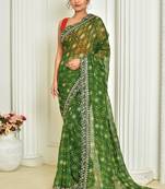 Classy Printed And Embroidery Work Border Green Saree In Georgette c