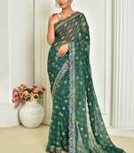 Classy Printed And Embroidery Work Border Blue Saree In Georgette c