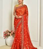 Classy Printed And Embroidery Work Border Red Saree In Georgette c