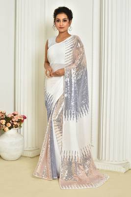 Trending Sequance Work Party Wear Saree In White On Georgette c 1