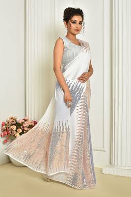 Trending Sequance Work Party Wear Saree In White On Georgette c 3