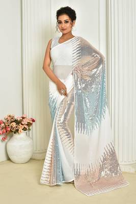 Trending Sequance Work Party Wear Saree In White On Georgette c 1