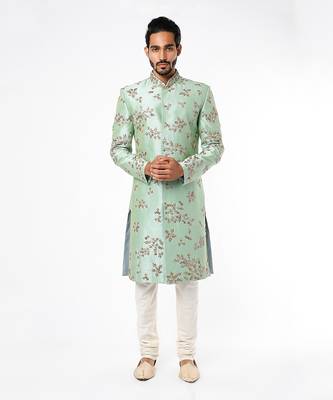 Green Silk Sherwani And Churidar 1
