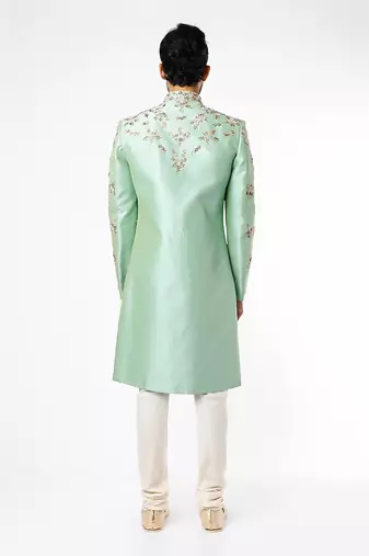 Green Silk Sherwani And Churidar