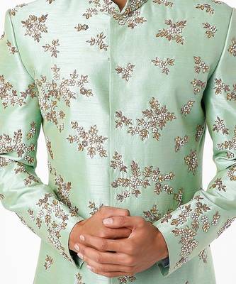 Green Silk Sherwani And Churidar 3