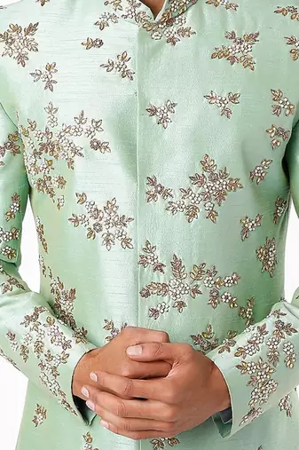 Green Silk Sherwani And Churidar