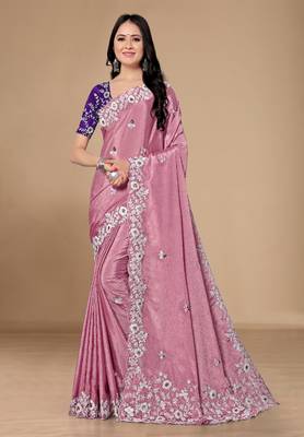 Chinon silk saree with embroidered border with blouse 1