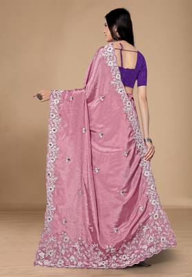 Chinon silk saree with embroidered border with blouse 3