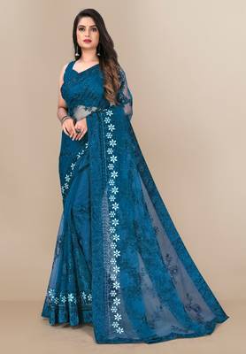 Soft Net Floral Embroidered Saree  With Embroidered Border With Blouse 1