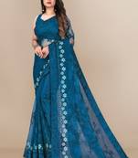 Soft Net Floral Embroidered Saree  With Embroidered Border With Blouse