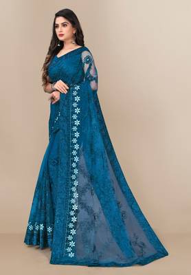 Soft Net Floral Embroidered Saree  With Embroidered Border With Blouse 2