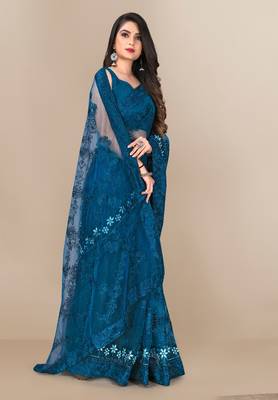 Soft Net Floral Embroidered Saree  With Embroidered Border With Blouse 4