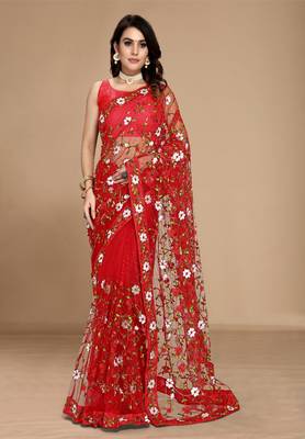 Soft Net Floral Embroidered Saree  With Embroidered Border With Blouse 1