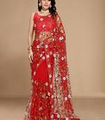 Soft Net Floral Embroidered Saree  With Embroidered Border With Blouse