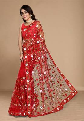 Soft Net Floral Embroidered Saree  With Embroidered Border With Blouse 2