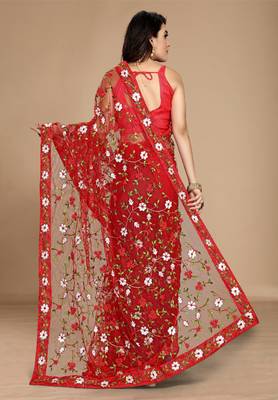 Soft Net Floral Embroidered Saree  With Embroidered Border With Blouse 3