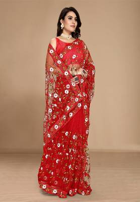 Soft Net Floral Embroidered Saree  With Embroidered Border With Blouse 4