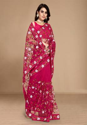 Soft Net Floral Embroidered Saree  With Embroidered Border With Blouse 4