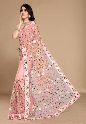 Soft Net Floral Embroidered Saree  With Embroidered Border With Blouse 2