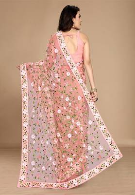 Soft Net Floral Embroidered Saree  With Embroidered Border With Blouse 3