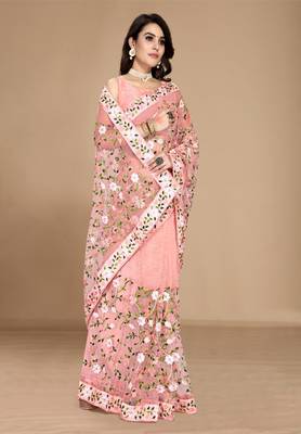 Soft Net Floral Embroidered Saree  With Embroidered Border With Blouse 4