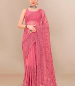 Soft Net Floral Embroidered Saree  With Embroidered Border With Blouse