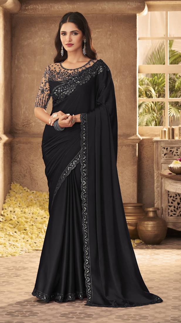 Black plain silk saree with blouse