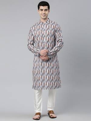 grey cotton kurta set with ikat printed work 1