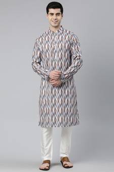 grey cotton kurta set with ikat printed work