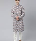 grey cotton kurta set with ikat printed work
