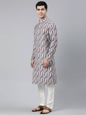 grey cotton kurta set with ikat printed work 3