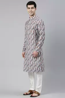 grey cotton kurta set with ikat printed work