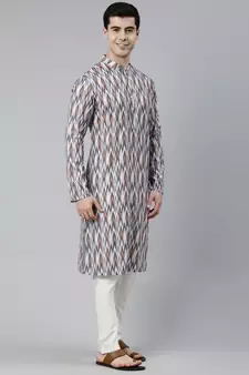 grey cotton kurta set with ikat printed work