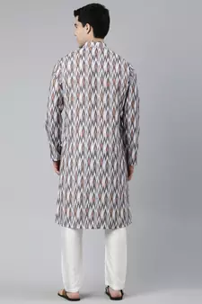 grey cotton kurta set with ikat printed work
