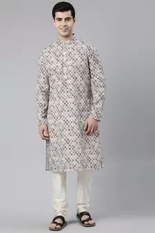 Beige Leaf Printed Kurta Set
