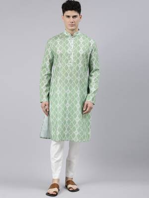light green cotton kurta set with tie dye woven work 1