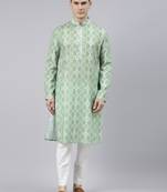 light green cotton kurta set with tie dye woven work