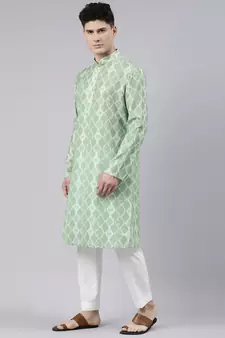 light green cotton kurta set with tie dye woven work
