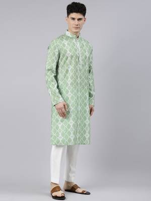 light green cotton kurta set with tie dye woven work 4