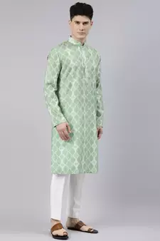 light green cotton kurta set with tie dye woven work