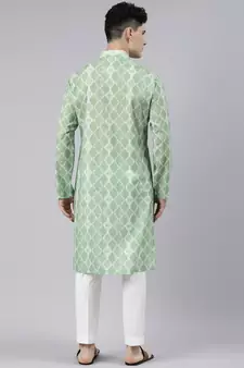 light green cotton kurta set with tie dye woven work
