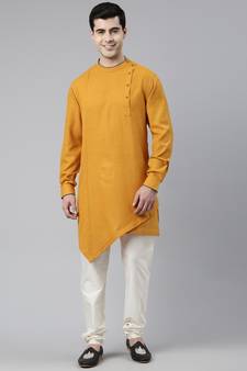 Mustard Self Design Asymmetrical Kurta Set