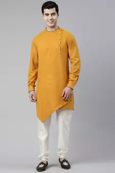 Mustard Self Design Asymmetrical Kurta Set