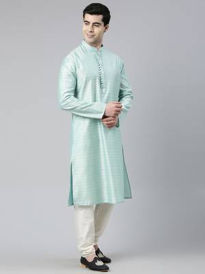 Light Blue Jacquard Silk Kurta Set 4