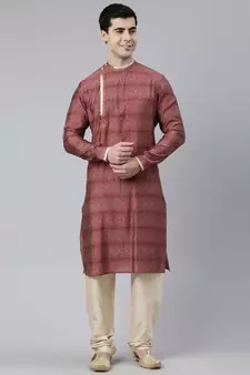 Maroon  Harring Bone Block Printed Side Open Kurta Set