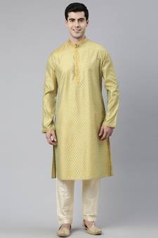 Greenish Yellow Silk Jacquard Kurta Set