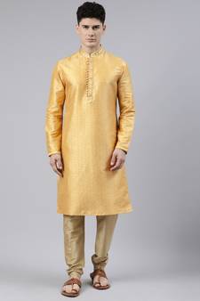 Golden Art Silk Kurta Set With Shining Golden Khadi Print