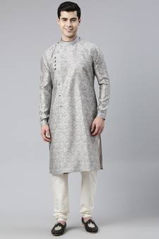 Grey Block Printed Angrakha Style Chanderi Silk Kurta Set