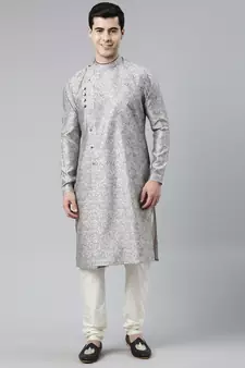 Grey Block Printed Angrakha Style Chanderi Silk Kurta Set